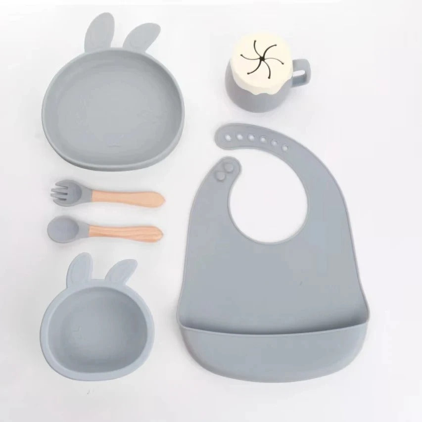Premium Silicone Baby Feeding Set – Non-Slip Suction Bowl, Divided Plate, Bib & Cutlery Set