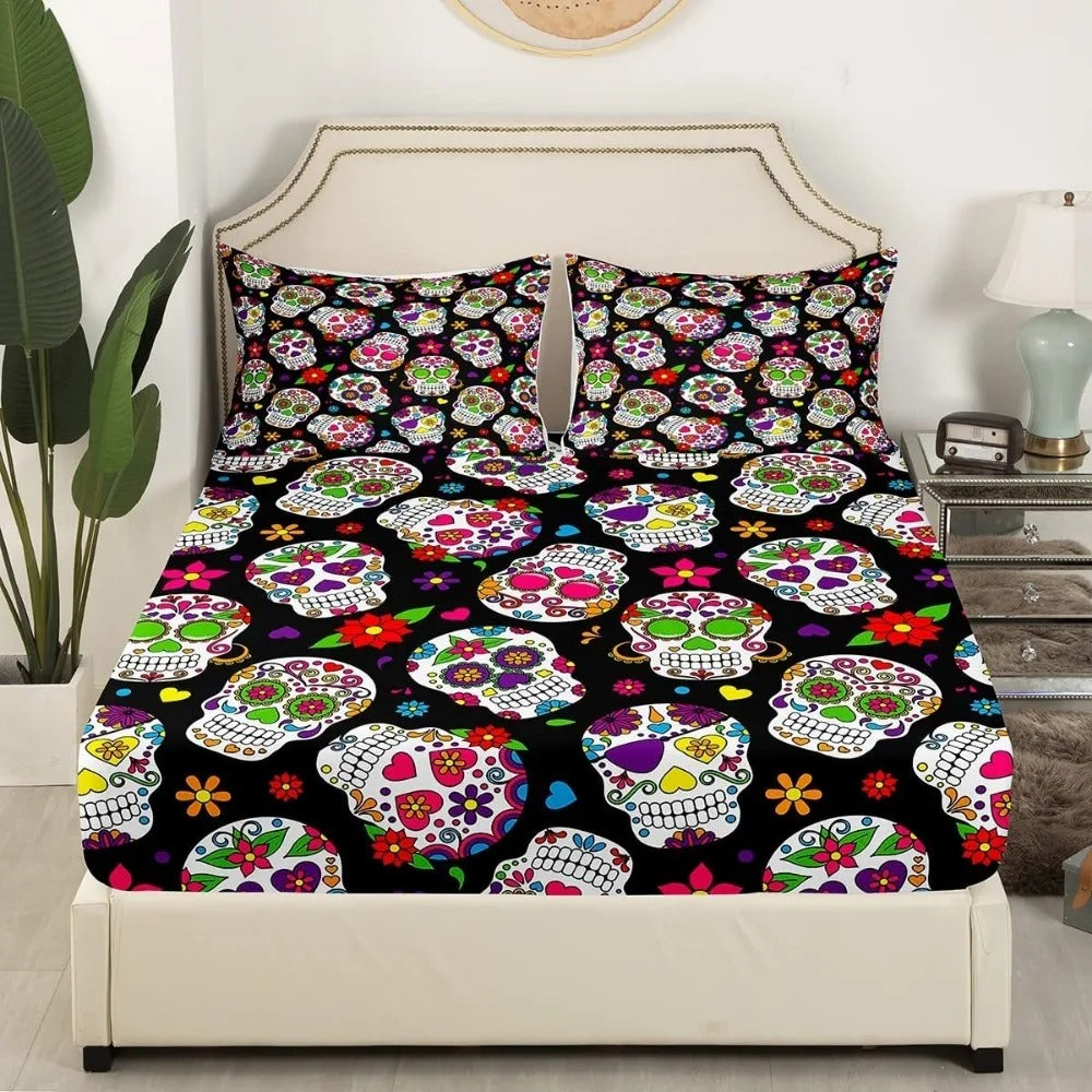 Halloween Skull 3D Printed Microfiber Fitted Bedsheet – Spooky Gothic Bedding Set 🖤🎃