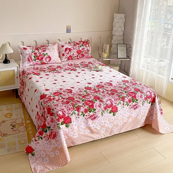 Red Rose Floral Printed Cotton Bedsheet Set