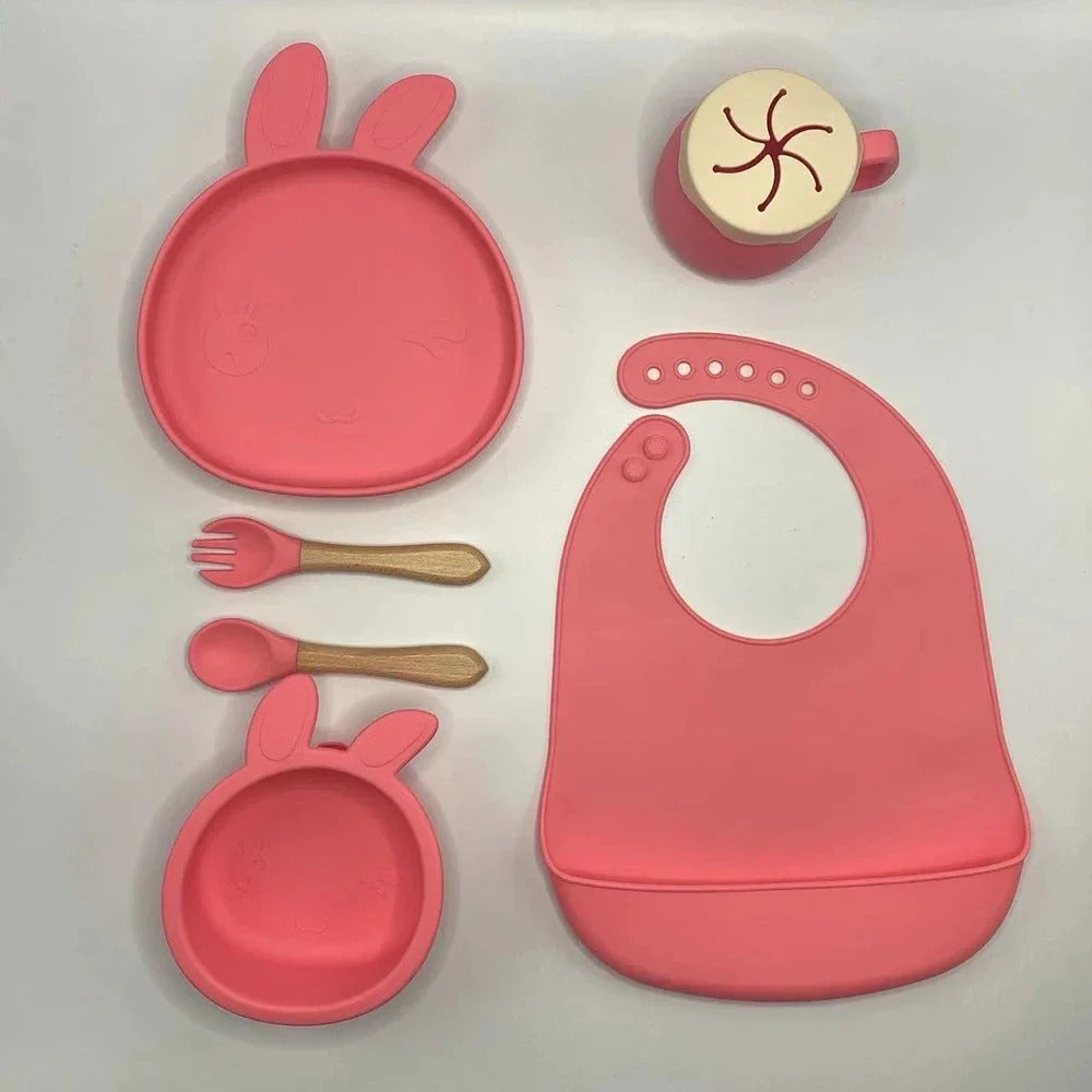 Premium Silicone Baby Feeding Set – Non-Slip Suction Bowl, Divided Plate, Bib & Cutlery Set