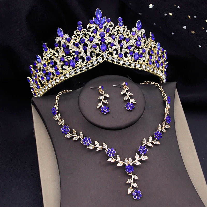 Royal Blue Baroque Crystal Bridal Crown & Jewelry Set (3 Pcs)