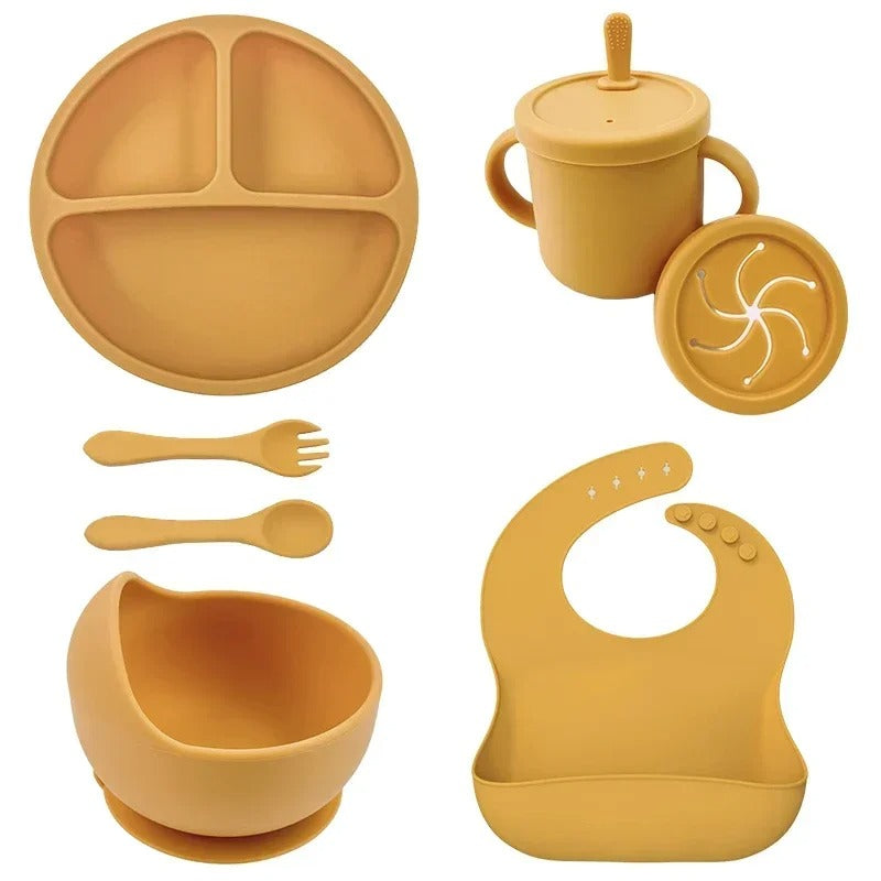 Premium 6-Piece Silicone Baby Feeding Set – Non-Slip Suction Bowl, Divided Plate, Straw Cup, Bib & Cutlery