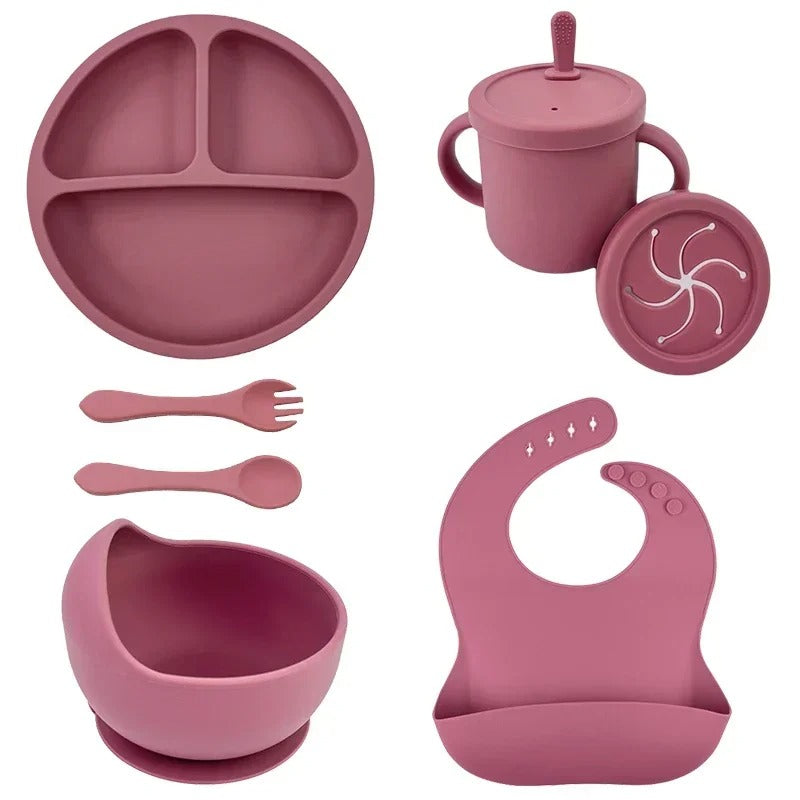 Premium 6-Piece Silicone Baby Feeding Set – Non-Slip Suction Bowl, Divided Plate, Straw Cup, Bib & Cutlery