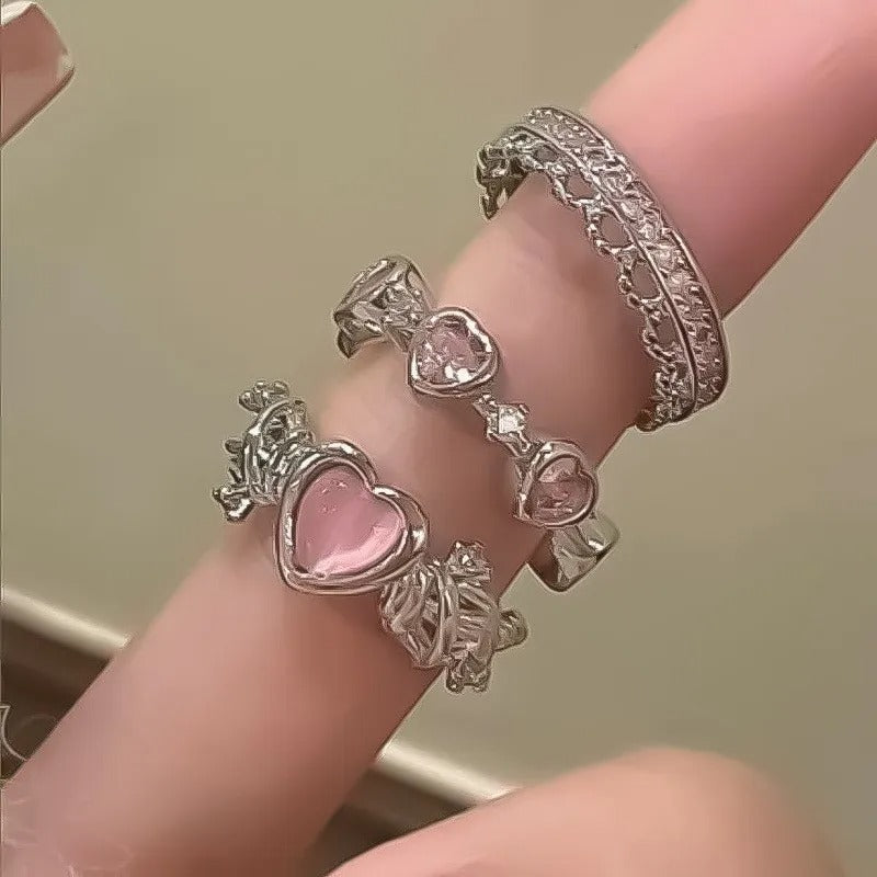 2Pcs Crystal Crown & Chevron Adjustable Ring Set - Silver Vintage Jewelry