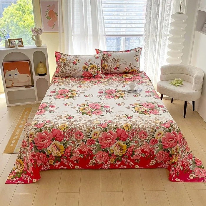 Red Rose Floral Printed Cotton Bedsheet Set