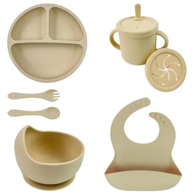 Premium 6-Piece Silicone Baby Feeding Set – Non-Slip Suction Bowl, Divided Plate, Straw Cup, Bib & Cutlery