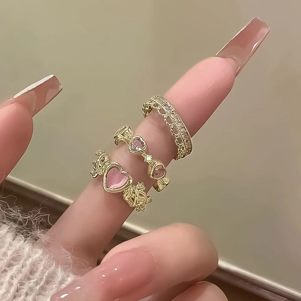 2Pcs Crystal Crown & Chevron Adjustable Ring Set - Silver Vintage Jewelry