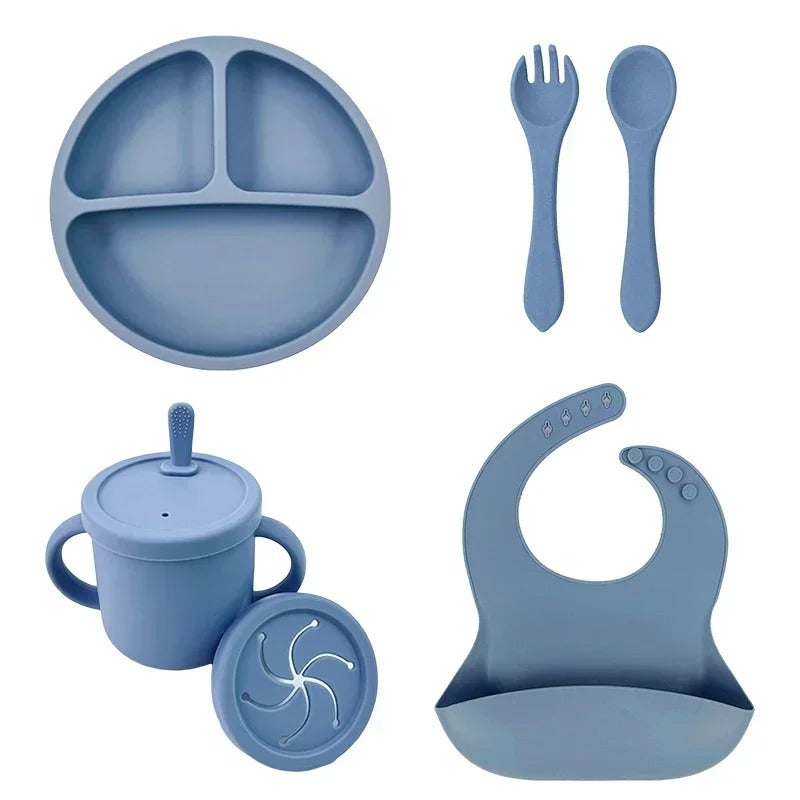 Premium 6-Piece Silicone Baby Feeding Set – Non-Slip Suction Bowl, Divided Plate, Straw Cup, Bib & Cutlery