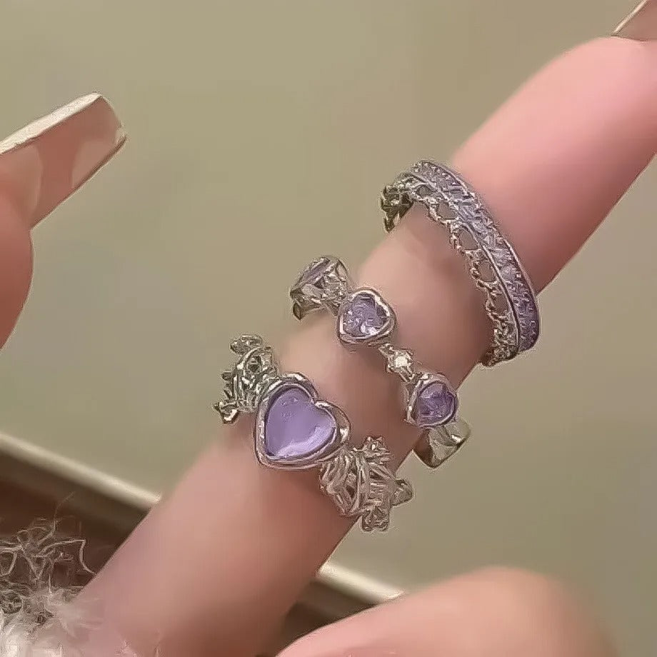 2Pcs Crystal Crown & Chevron Adjustable Ring Set - Silver Vintage Jewelry
