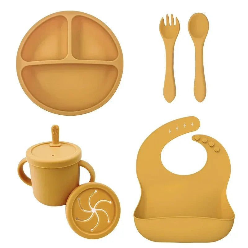 Premium 6-Piece Silicone Baby Feeding Set – Non-Slip Suction Bowl, Divided Plate, Straw Cup, Bib & Cutlery