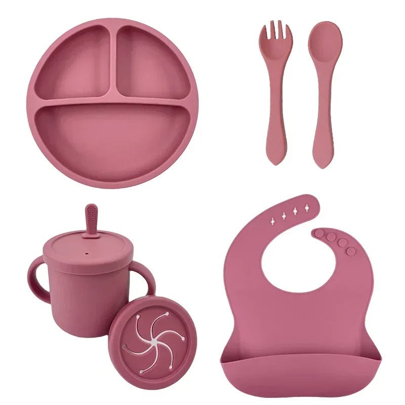 Premium 6-Piece Silicone Baby Feeding Set – Non-Slip Suction Bowl, Divided Plate, Straw Cup, Bib & Cutlery