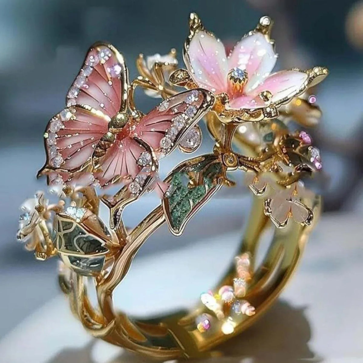 Exquisite Floral & Butterfly Zircon Statement Ring for Women