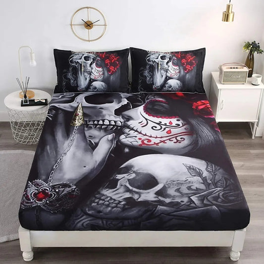 Halloween Skull 3D Printed Microfiber Fitted Bedsheet – Spooky Gothic Bedding Set 🖤🎃