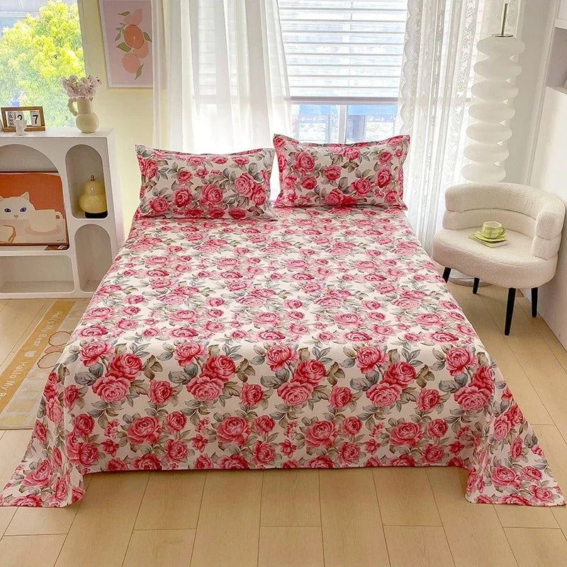 Red Rose Floral Printed Cotton Bedsheet Set