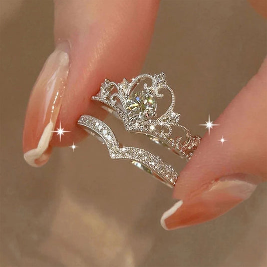 2Pcs Crystal Crown & Chevron Adjustable Ring Set - Silver Vintage Jewelry