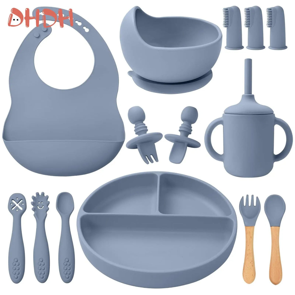 Premium Silicone Baby Feeding Set – Non-Slip Suction Bowl, Divided Plate, Bib & Cutlery Set