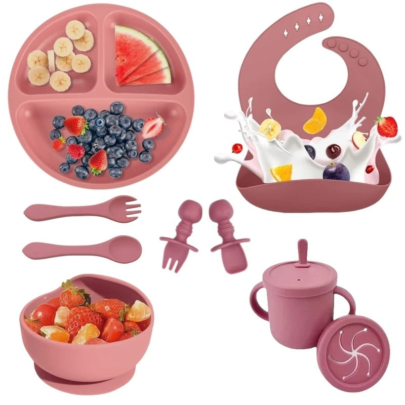 Premium 6-Piece Silicone Baby Feeding Set – Non-Slip Suction Bowl, Divided Plate, Straw Cup, Bib & Cutlery