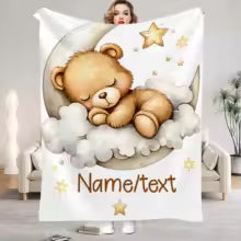 Customized Soft Flannel Baby Blanket – Cute Teddy Bear & Stars Print Personalized Name Swaddle Blanket