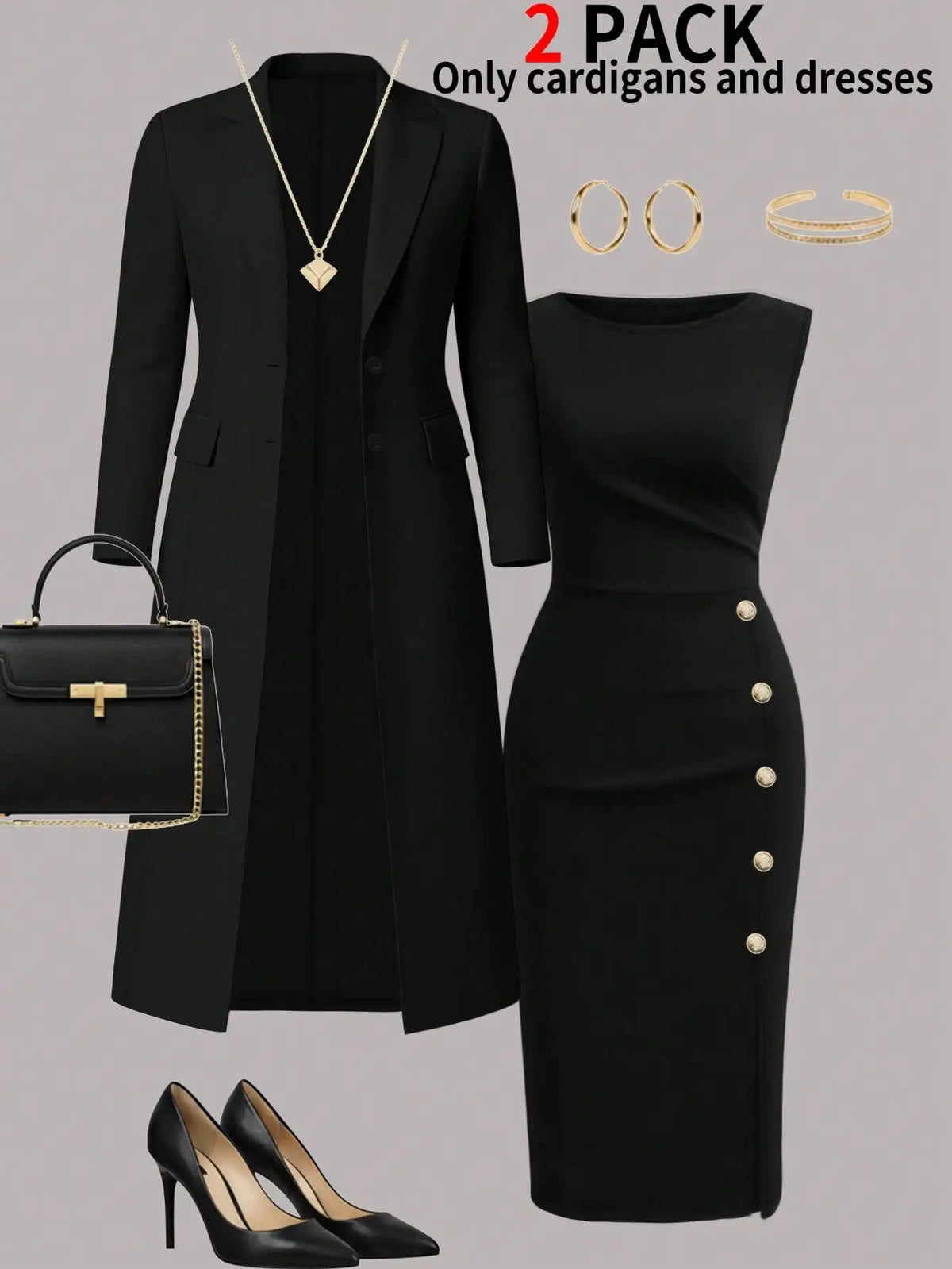 Women's Elegant 2-Piece Long Coat & Sleeveless Buttoned Dress Set – Autumn/Winter Formal Outfit