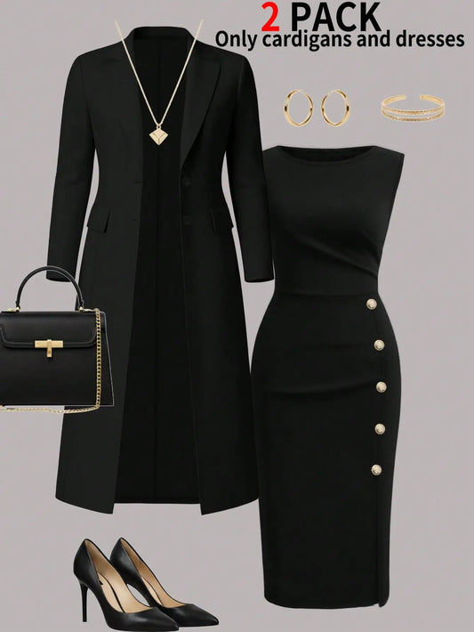 Women's Elegant 2-Piece Long Coat & Sleeveless Buttoned Dress Set – Autumn/Winter Formal Outfit