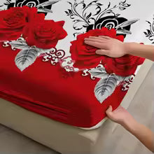 Romantic Red Rose Flower Printed Fitted Bedsheet – Deep Pocket Elastic Mattress Cover