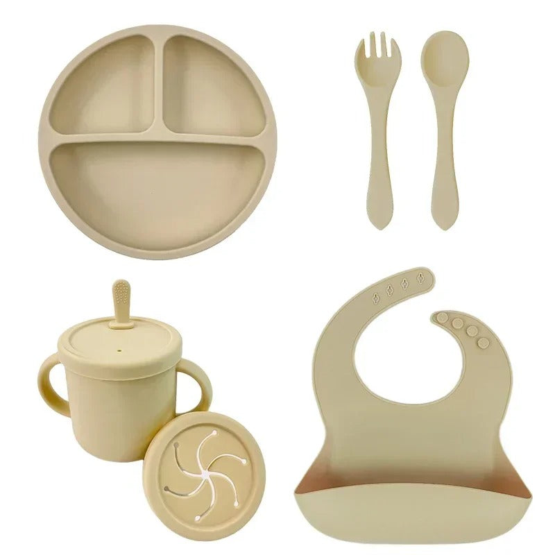 Premium 6-Piece Silicone Baby Feeding Set – Non-Slip Suction Bowl, Divided Plate, Straw Cup, Bib & Cutlery