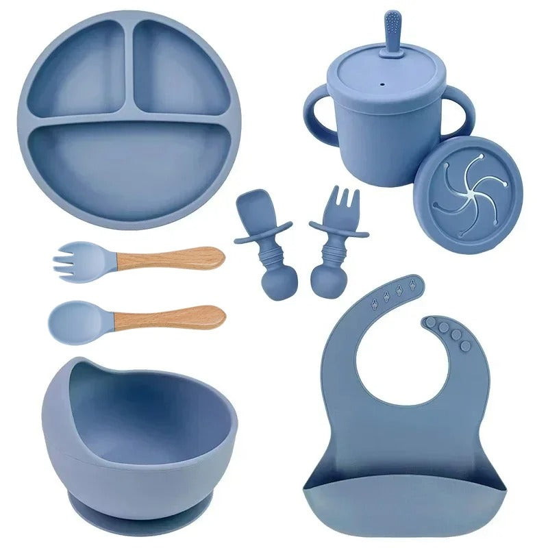 Premium 6-Piece Silicone Baby Feeding Set – Non-Slip Suction Bowl, Divided Plate, Straw Cup, Bib & Cutlery