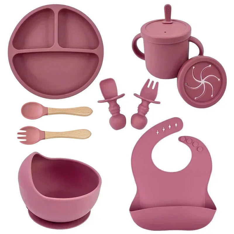 Premium 6-Piece Silicone Baby Feeding Set – Non-Slip Suction Bowl, Divided Plate, Straw Cup, Bib & Cutlery