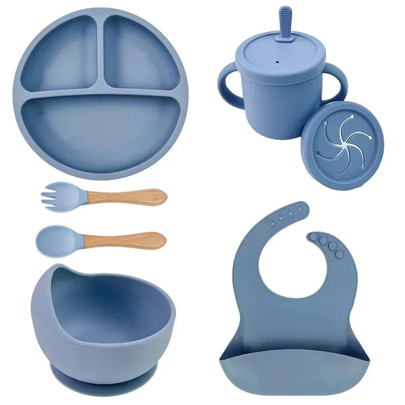 Premium 6-Piece Silicone Baby Feeding Set – Non-Slip Suction Bowl, Divided Plate, Straw Cup, Bib & Cutlery