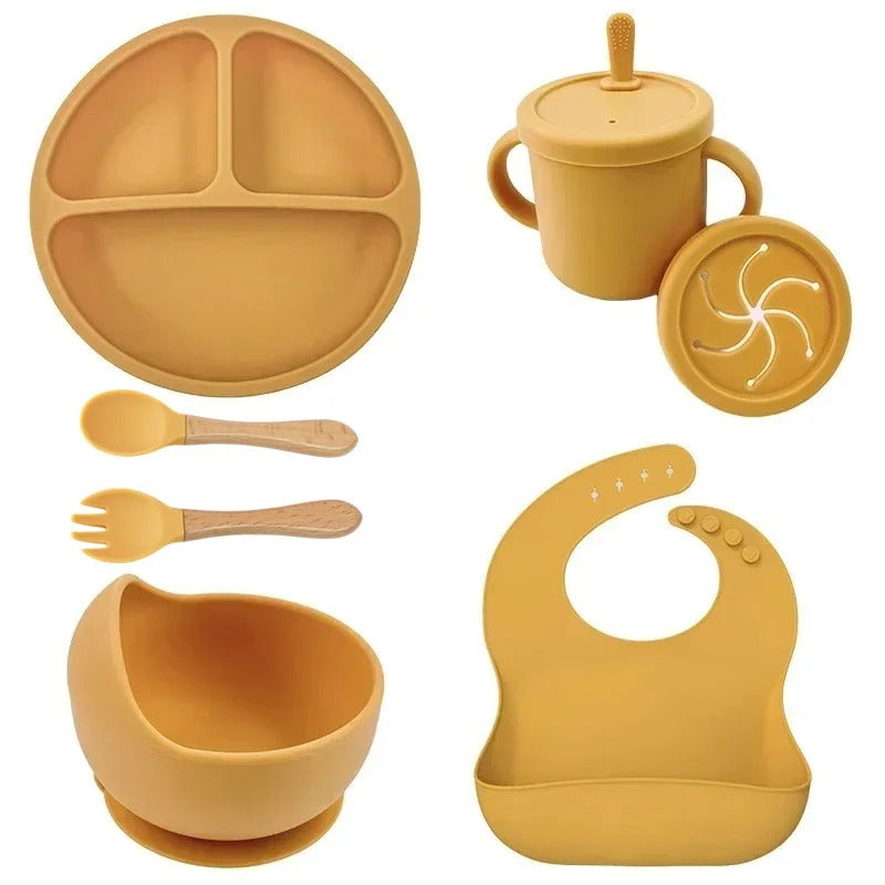 Premium 6-Piece Silicone Baby Feeding Set – Non-Slip Suction Bowl, Divided Plate, Straw Cup, Bib & Cutlery