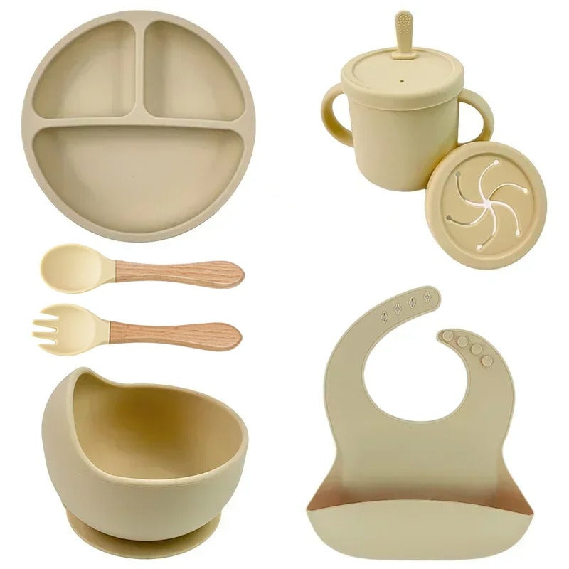 Premium 6-Piece Silicone Baby Feeding Set – Non-Slip Suction Bowl, Divided Plate, Straw Cup, Bib & Cutlery