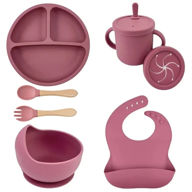 Premium 6-Piece Silicone Baby Feeding Set – Non-Slip Suction Bowl, Divided Plate, Straw Cup, Bib & Cutlery