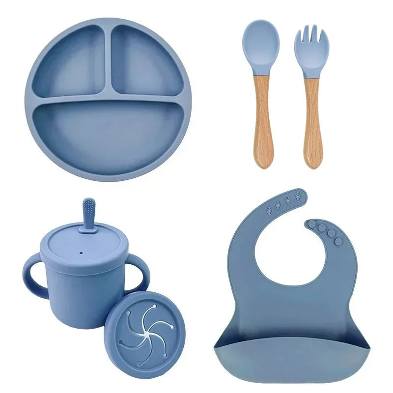 Premium 6-Piece Silicone Baby Feeding Set – Non-Slip Suction Bowl, Divided Plate, Straw Cup, Bib & Cutlery