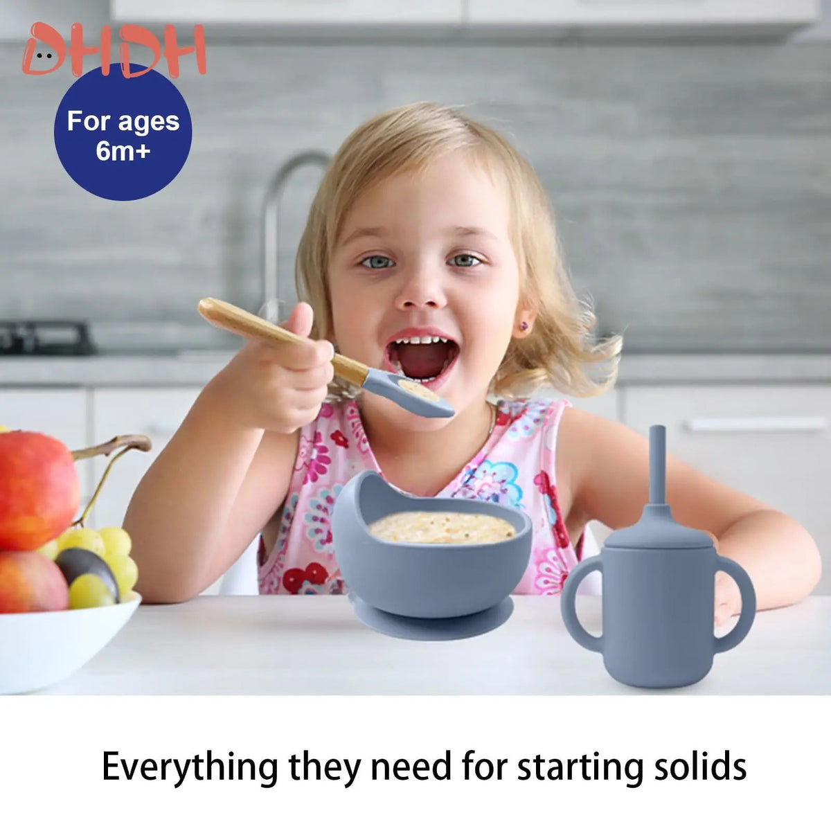 Premium Silicone Baby Feeding Set – Non-Slip Suction Bowl, Divided Plate, Bib & Cutlery Set
