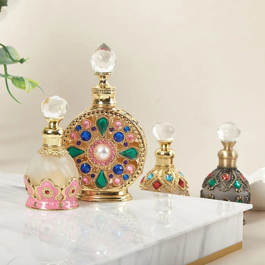 Luxury Vintage Arabesque Refillable Perfume Bottle – Crystal Studded Attar & Essential Oil Dispenser