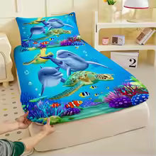 3D Dolphin & Sea Turtle Printed Fitted Bedsheet – Deep Pocket Elastic Mattress Cover