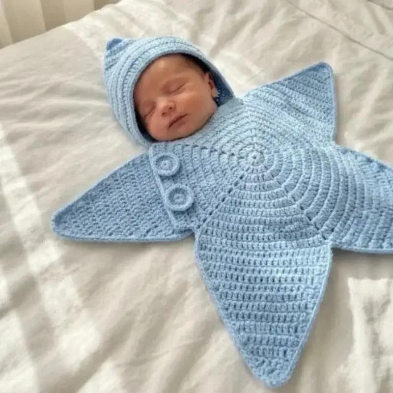 Handmade Crochet Star-Shaped Newborn Swaddle Blanket with Hood
