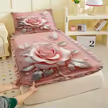 3D Embossed Pink Rose Printed Fitted Bedsheet – Deep Pocket Elastic Mattress Cover