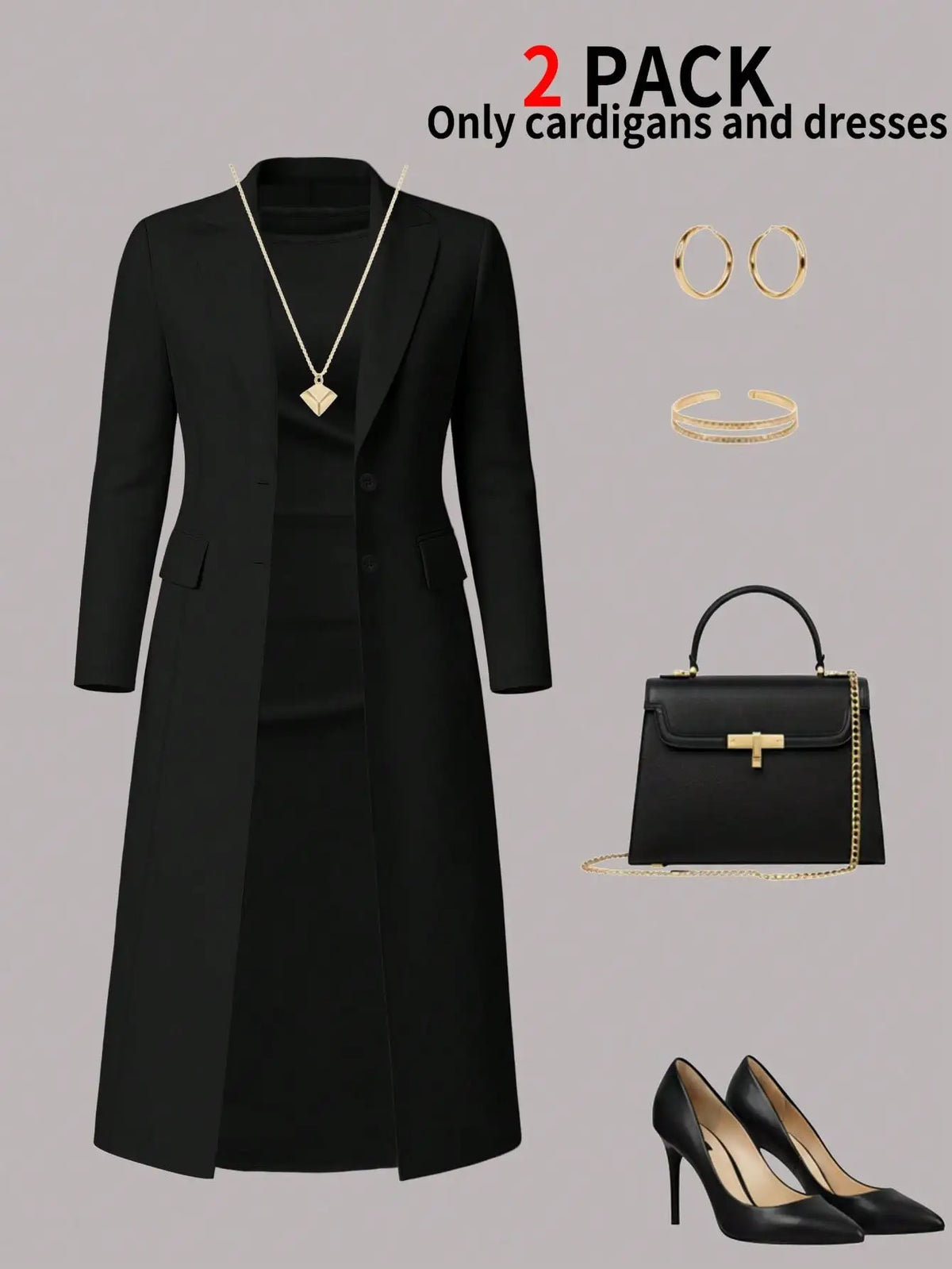 Women's Elegant 2-Piece Long Coat & Sleeveless Buttoned Dress Set – Autumn/Winter Formal Outfit