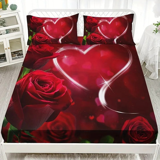 3D Valentine Rose Heart Fitted Bedsheet Set – Romantic Red Floral Bedding with Pillowcases ❤️