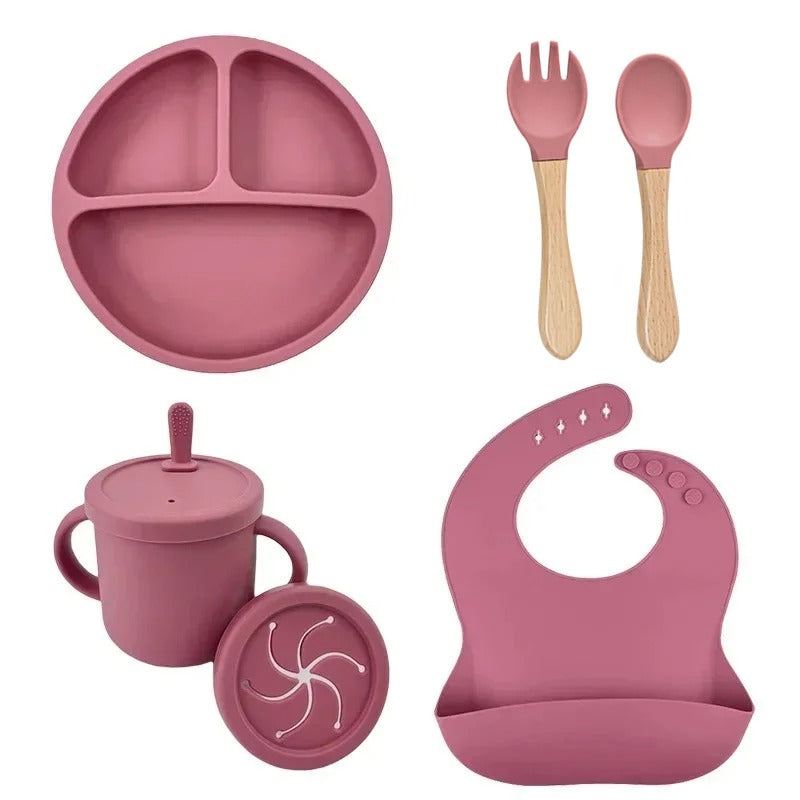 Premium 6-Piece Silicone Baby Feeding Set – Non-Slip Suction Bowl, Divided Plate, Straw Cup, Bib & Cutlery