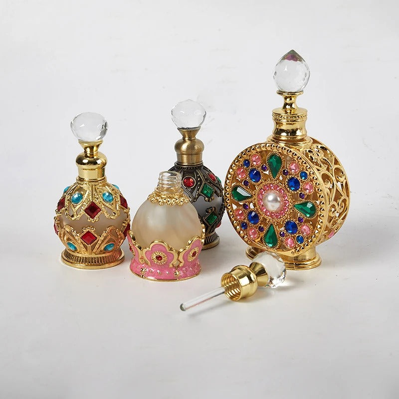 Luxury Vintage Arabesque Refillable Perfume Bottle – Crystal Studded Attar & Essential Oil Dispenser