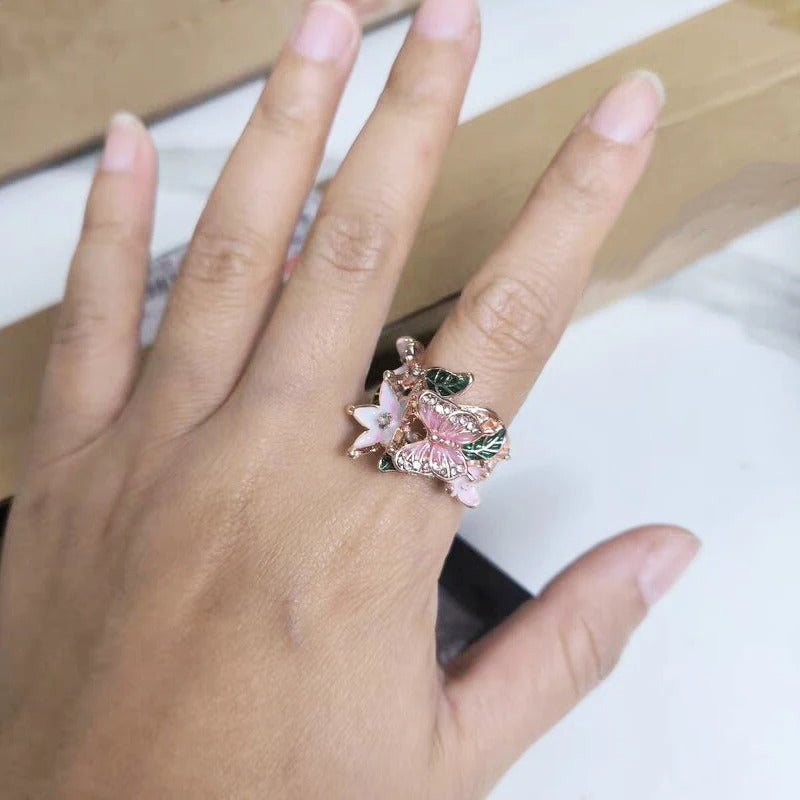 Exquisite Floral & Butterfly Zircon Statement Ring for Women