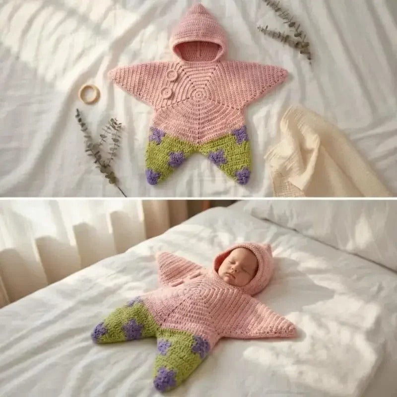 Handmade Crochet Star-Shaped Newborn Swaddle Blanket with Hood