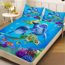 3D Dolphin & Sea Turtle Printed Fitted Bedsheet – Deep Pocket Elastic Mattress Cover