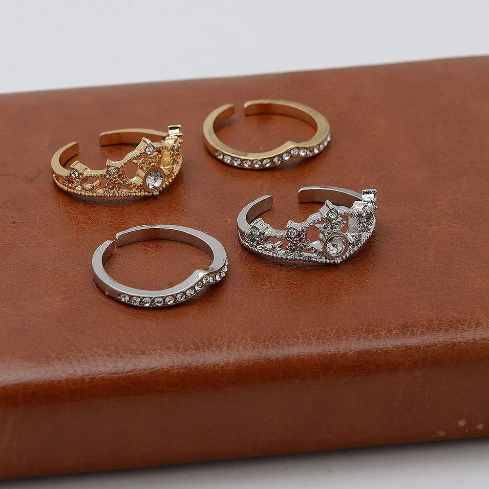 2Pcs Crystal Crown & Chevron Adjustable Ring Set - Silver Vintage Jewelry