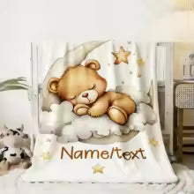 Customized Soft Flannel Baby Blanket – Cute Teddy Bear & Stars Print Personalized Name Swaddle Blanket