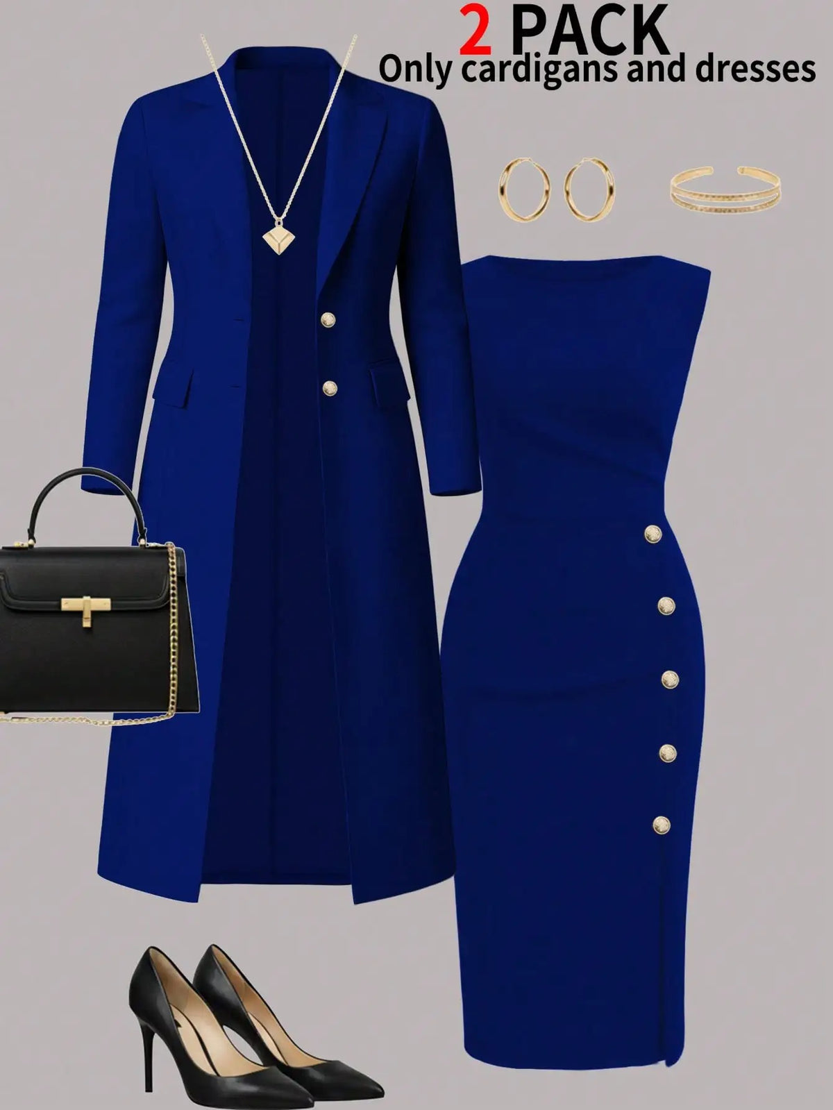 Women's Elegant 2-Piece Long Coat & Sleeveless Buttoned Dress Set – Autumn/Winter Formal Outfit