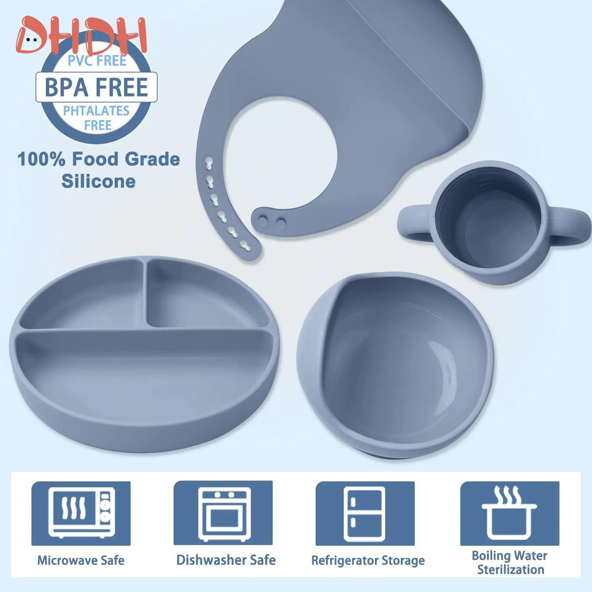 Premium Silicone Baby Feeding Set – Non-Slip Suction Bowl, Divided Plate, Bib & Cutlery Set