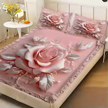 3D Embossed Pink Rose Printed Fitted Bedsheet – Deep Pocket Elastic Mattress Cover
